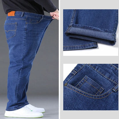 Große Größe Herren Jeans High Stretch Denim Stoff Große Größe Hosen für 45-150 kg Jeans Hombre Jeans mit weitem Bein Pantalon Homme.