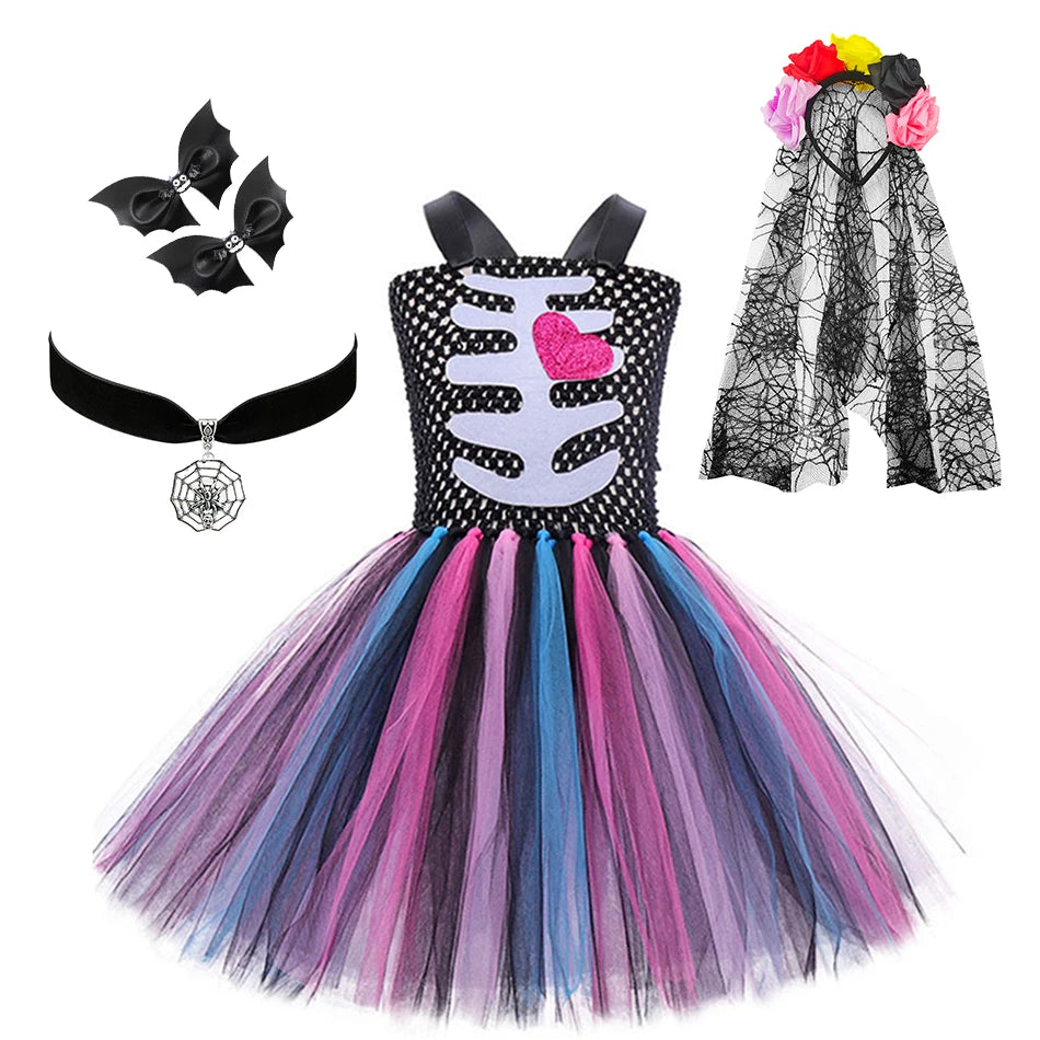 Halloween Kinder Kleid Cosplay Herz druck Skelett Kostüme Mädchen Blumen Schädel Tutu Kleidung Kinder Karneval Leistung Outfits