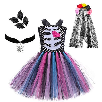 Halloween Kinder Kleid Cosplay Herz druck Skelett Kostüme Mädchen Blumen Schädel Tutu Kleidung Kinder Karneval Leistung Outfits