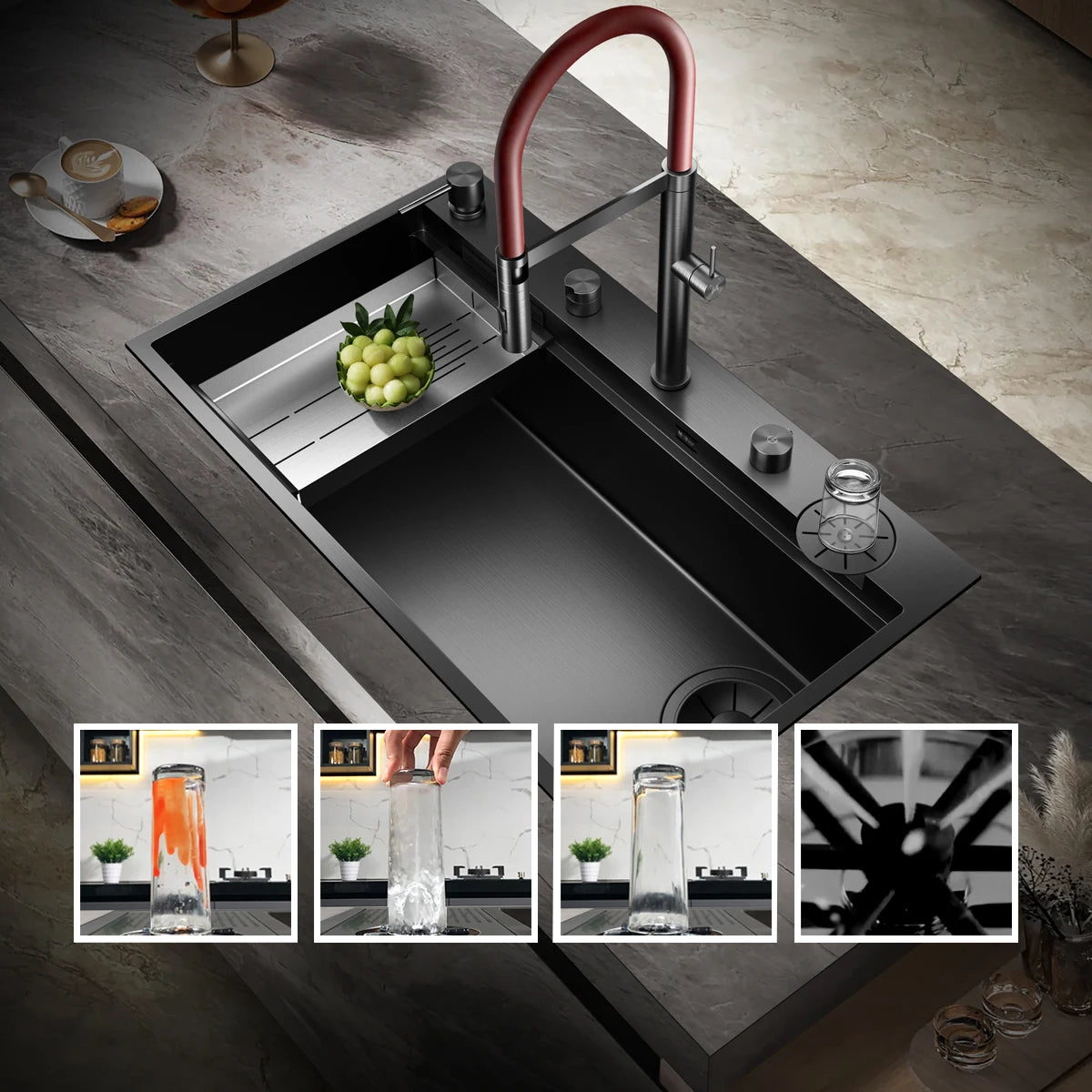 ASRAS large kitchen stainless steel nano sink with built-in waterfall faucet and large drainage outlet design