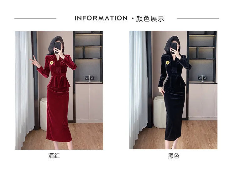VigoAnne 2025 Solid V Neck Velvet 2 Piece Set Woman Long Sleeve High Waist Skirt Suits Lady Spring Autumn Korean Long Dress Suit.