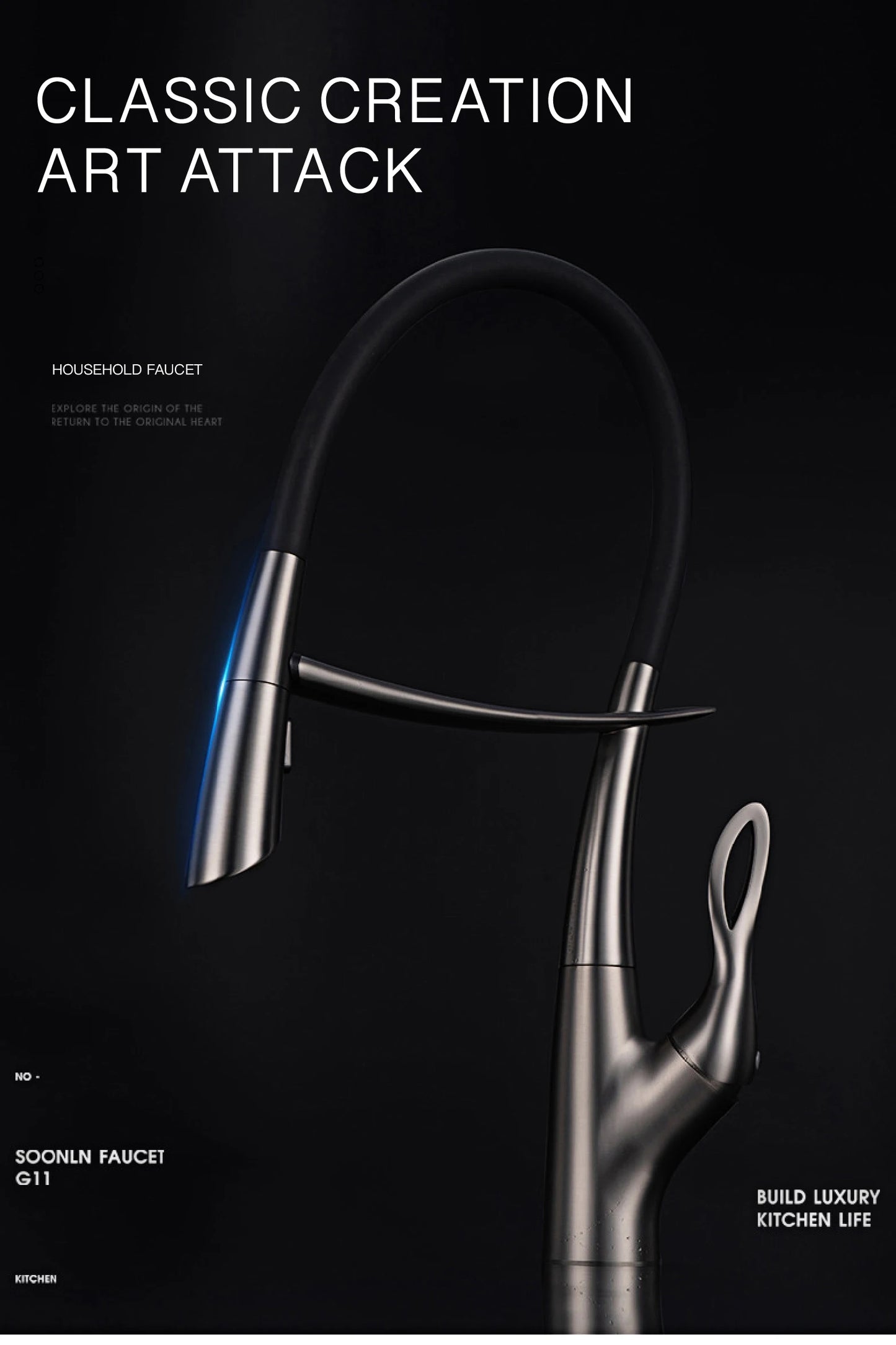 Luxuriöser Küchenarmatur aus grauem Messing in Gun-Grau mit intelligentem Touch-Design. Einhebelmischer für heißes und kaltes Wasser mit magnetischer Saugkraft