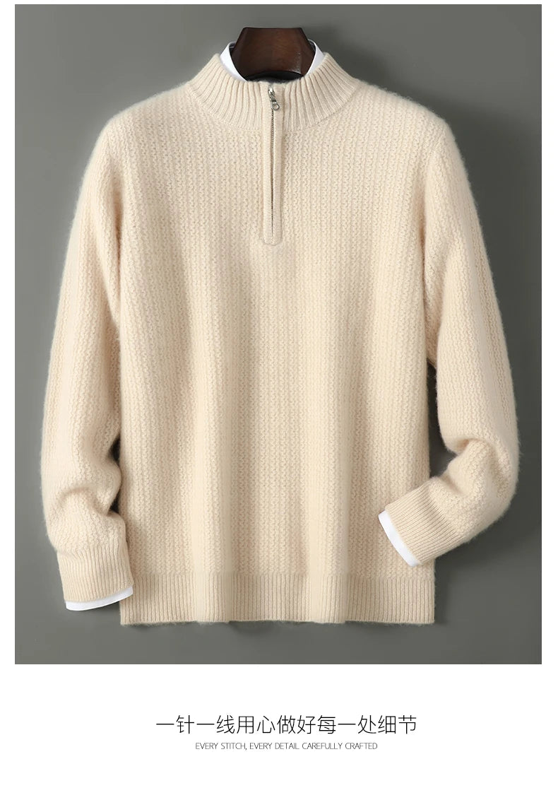 Men's 100% Merino Wool Thicken Sweater Half Zipper Mock Collar Pullover Autumn Winter Cashmere Knitwear Business Casual Clothing.