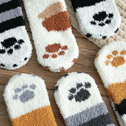 Women Winter Warm Fluffy Socks Cute Animal Claw Cat Paw Footprint Fuzzy Socks Female Thick Coral Fleece Home Floor Sleep Socks.