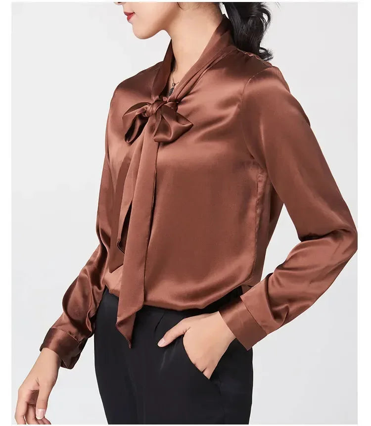 Heavyweight Mulberry Silk Shirt Women's 2025 Spring And Autumn New Long Sleeve Satin Silk Blouse V-neck Bow Ribbon Shirt.