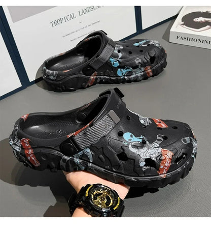 Plus Size 47 Men's Clogs 2025 Summer Sandals Beach Slippers Flat Sandals Men Leisure Slides Creative Printing Man Casual Shoes