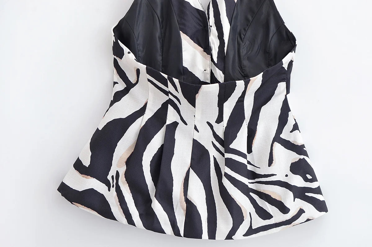 HH Women Pants Suit Fashion Zebra Stripes Single Breasted Sexy Sleeveless V-Neck Top+High Waist Zipper Casual Wide Leg Pants