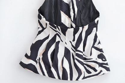 HH Women Pants Suit Fashion Zebra Stripes Single Breasted Sexy Sleeveless V-Neck Top+High Waist Zipper Casual Wide Leg Pants