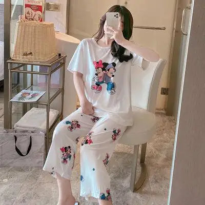Sommer Pooh Bär Nachtwäsche frauen Lose Bequeme Cartoon Print Hause Kleidung Set Kurzarm Nachthemd Mickey Pyjama Set