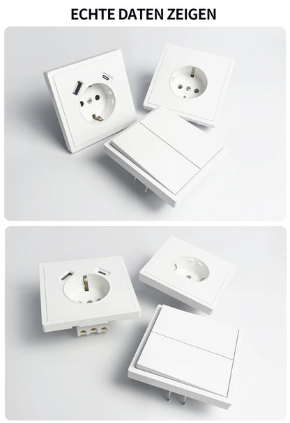 Europäische Wandsteckdose, EU-Steckdose, USB-Typ-C-Ladeanschlüsse, 1/2-Gang-Lichtschalter, 16 A 250 V, Unterputzmontage, weißes Panel, 80 x 80 mm.