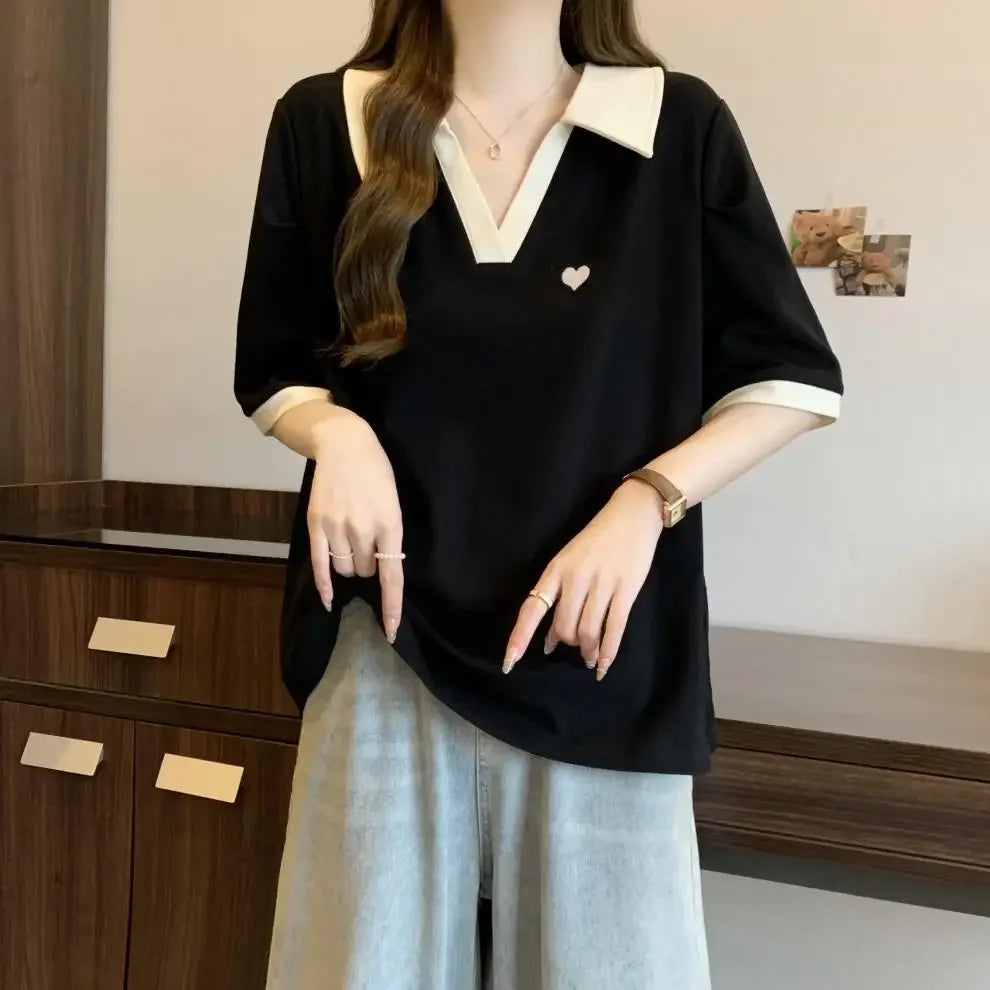 Plus Size Slimming Embroidered Polo Shirt plus Size American Style Base Layer T-Shirt College Fashion Anti-Aging Big MM Cotto....