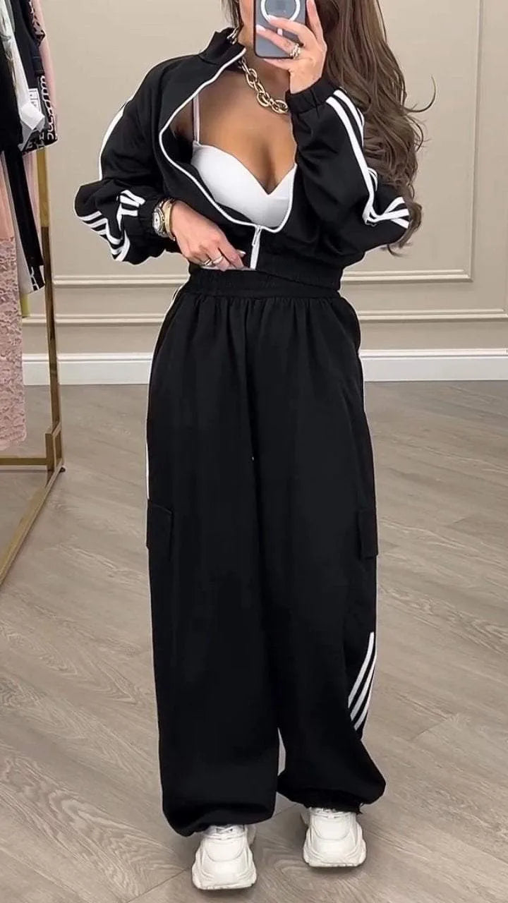 Sports Trousers Loose White Casual Women's Set Fashion Zipper High-waisted Hoodie + Wide-leg Overalls 2-piece Sweatshirt Suit.