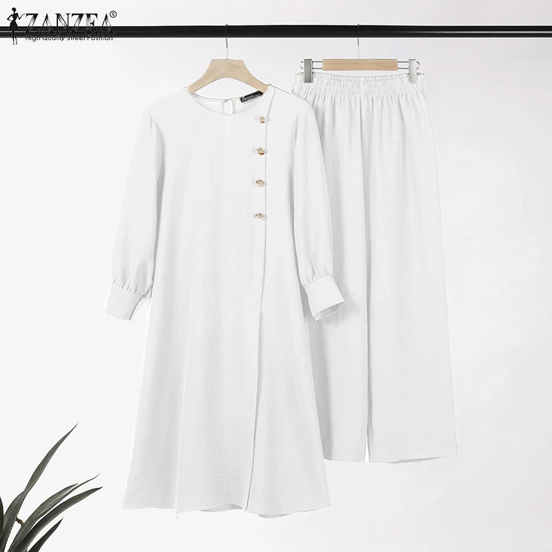 ZANZEA Muslim Abaya Suit Elegant Women Matching Sets Fashion Long Shirt Tops & Wide Leg Pants Ramadan Outfits Urban Tracksuits.