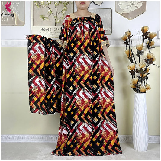 New Muslim Dubai Elegant Dress Summer Short Sleeve African Abaya Printing Cotton Loose Femme Robe Islamic Dresses With Scarf.