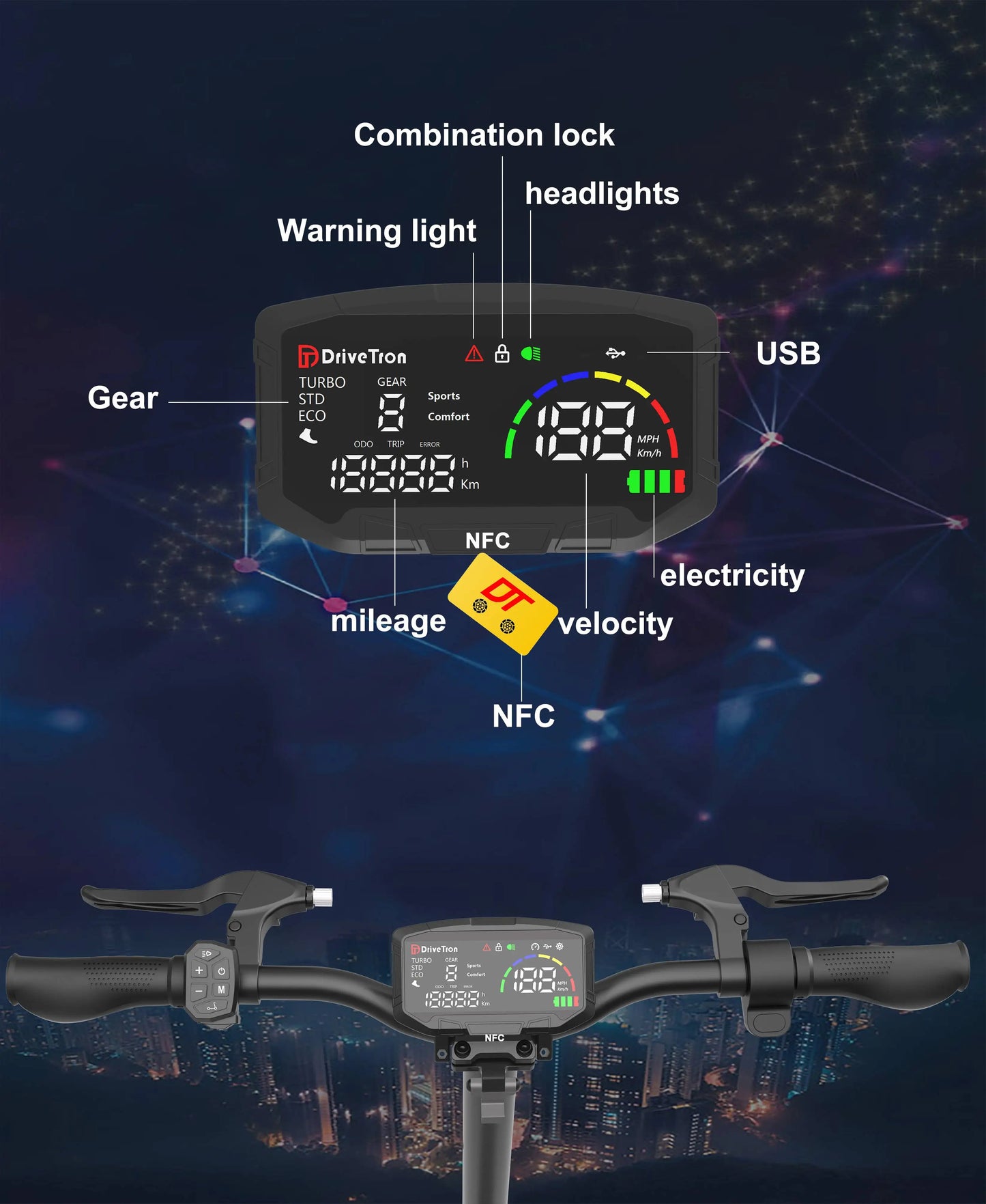 DriveTron DT10 Foldable Adult Electric Scooter, E-Scooter, 50km/h Electric Kick Scooter, 1000W Skateboards, 48V 15.6Ah Kickboard