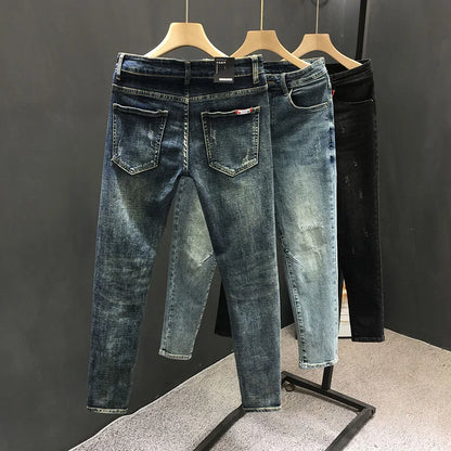 Y2k  Men Fashion Stylish Brand Denim Pants High Quality Designer Slim Fit All-match Trousers Casual Stretch Pencil Cropped Jeans.
