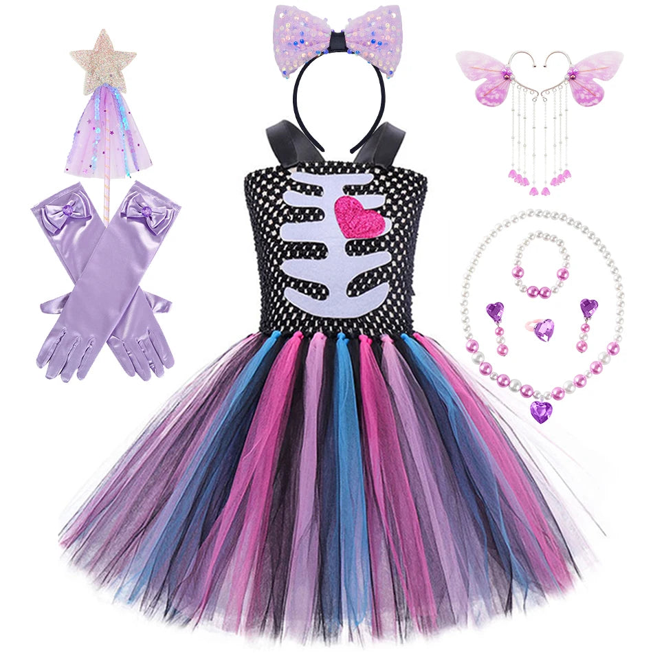 Halloween Kinder Kleid Cosplay Herz druck Skelett Kostüme Mädchen Blumen Schädel Tutu Kleidung Kinder Karneval Leistung Outfits