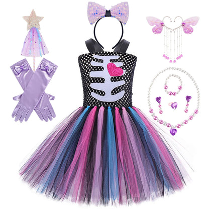 Halloween Kinder Kleid Cosplay Herz druck Skelett Kostüme Mädchen Blumen Schädel Tutu Kleidung Kinder Karneval Leistung Outfits