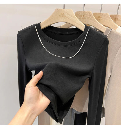 Women Trendy Chain Link Autumn Fashion Slim Fit Cropped T-shirts 2025 Long Sleeve T-shirt Solid Simple Base Layer Crop Tops