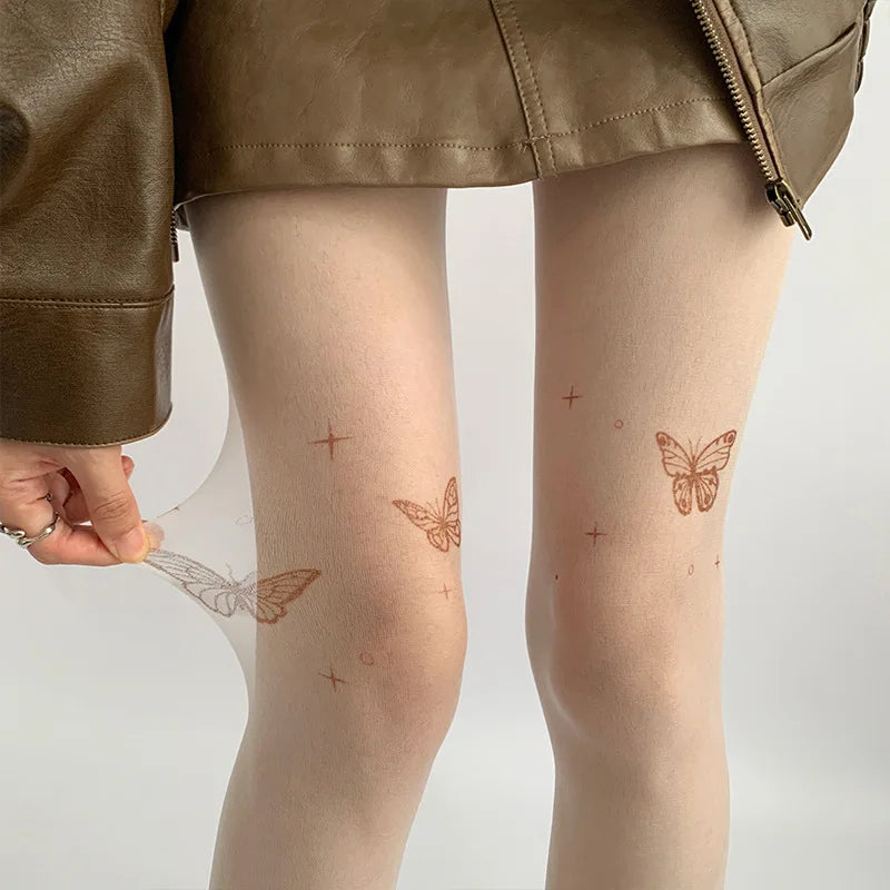 Sexy Butterfly Tights Vintage Y2K Fake Tattoo Butterfly Black Transparent Silk Pantyhose Women Lolita Summer Ultra-thin Stocking.