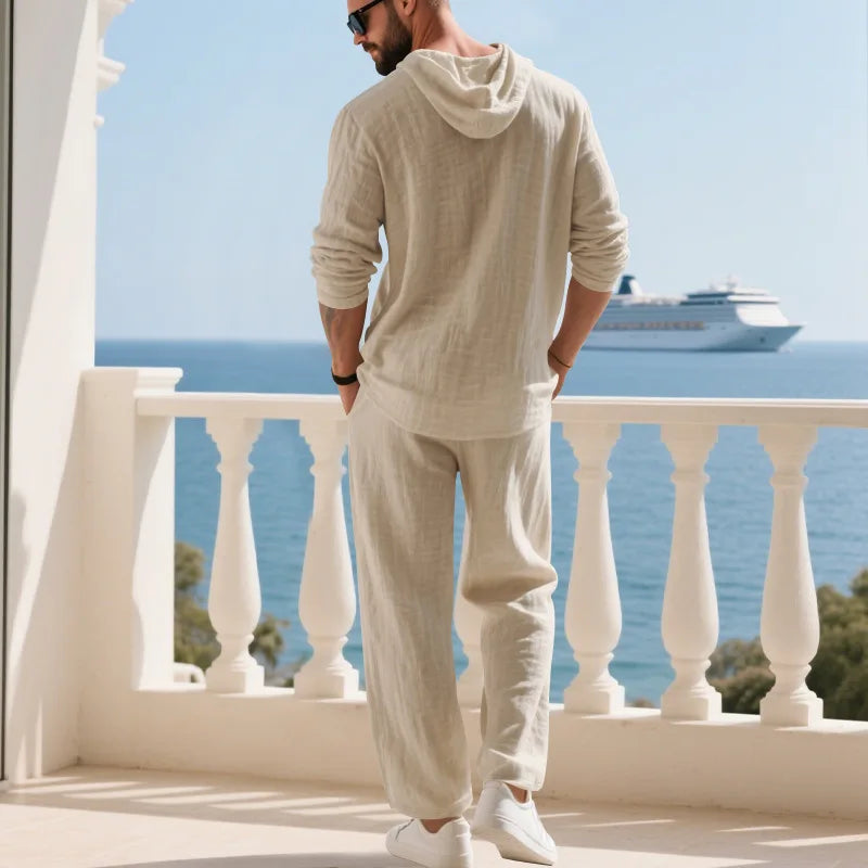 Cross-border Autumn Linen Men's Casual Suit Loose Hooded Henley Shirt Long Sleeve Pants Suit
