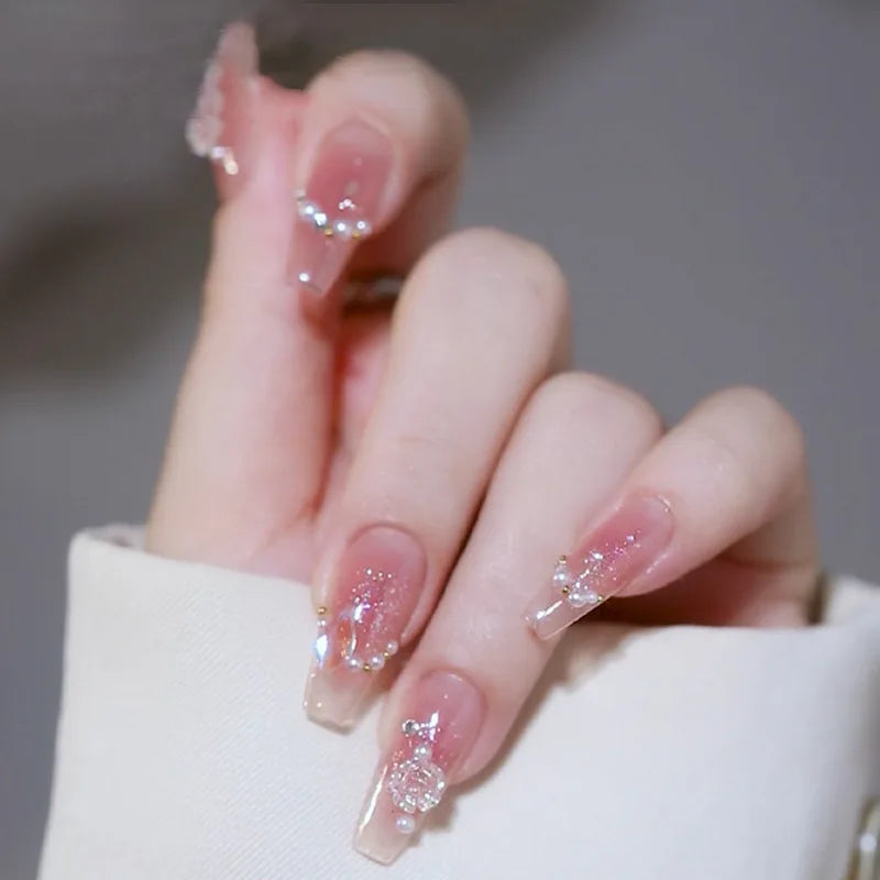24Pcs Mid-Length Fake Nails 3D Flower Pearl Designs Nude Pink Color Press on Nails Ballerina False Nails for Women DIY Manicure.