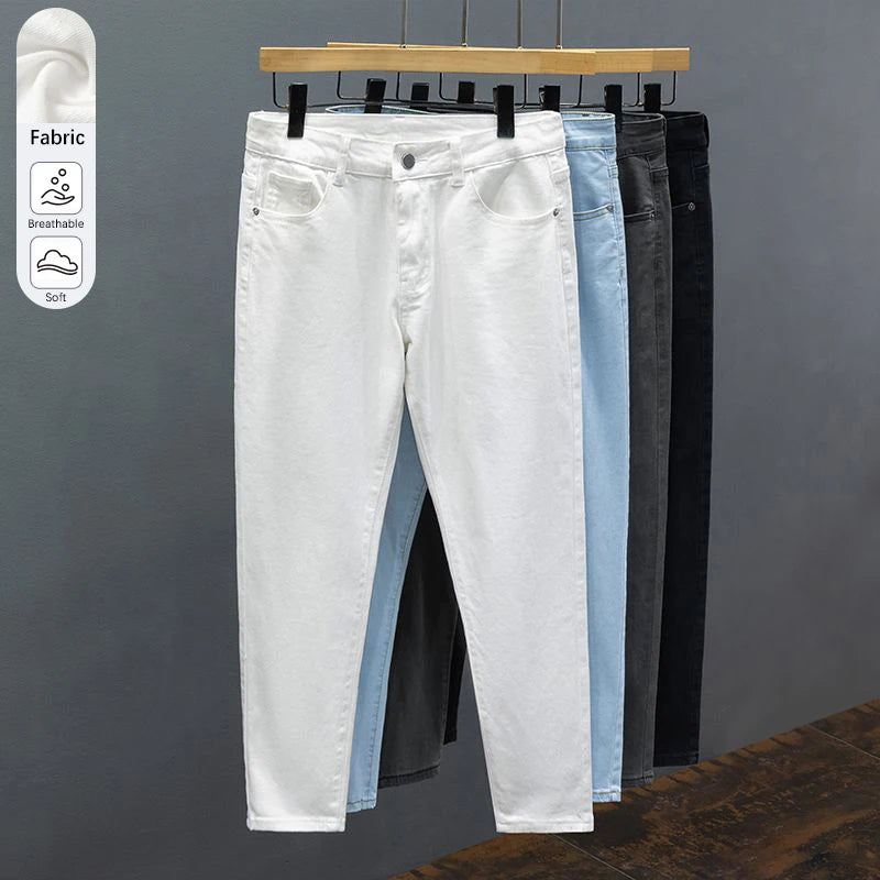 White Jeans Men's Slim Straight Ankle-length Soft Comfort Elastic Denim Trousers Fashion Korean Basic Casual Pencil Pants.