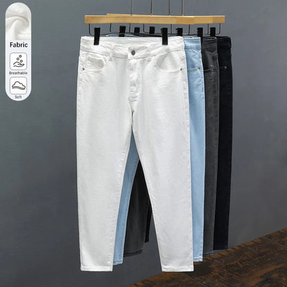 White Jeans Men's Slim Straight Ankle-length Soft Comfort Elastic Denim Trousers Fashion Korean Basic Casual Pencil Pants.