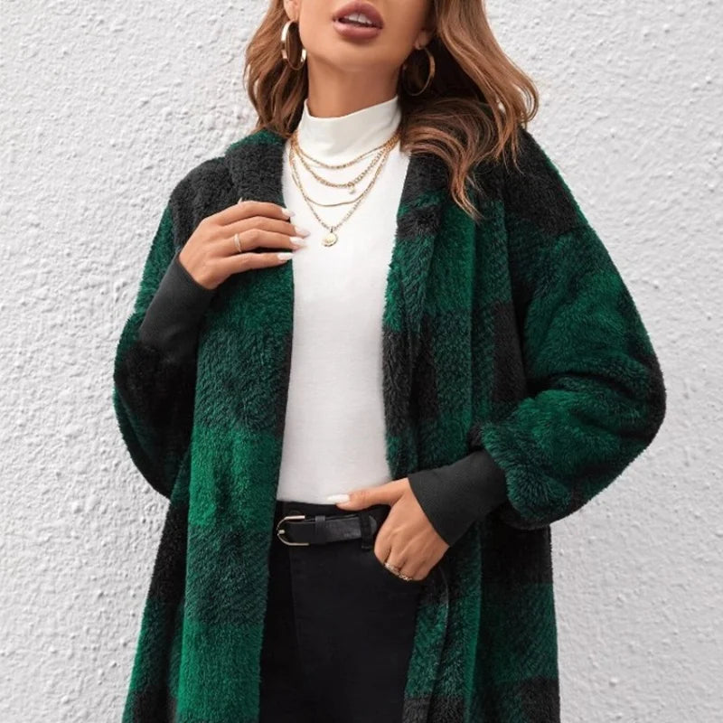 Frauen Herbst Winter Doppel Fleece Plaid Strickjacke Weiche Lose Lange Hülse Plüsch Warme Mit Kapuze Jacke Weibliche Patchwork Oberbekleidung Mantel.
