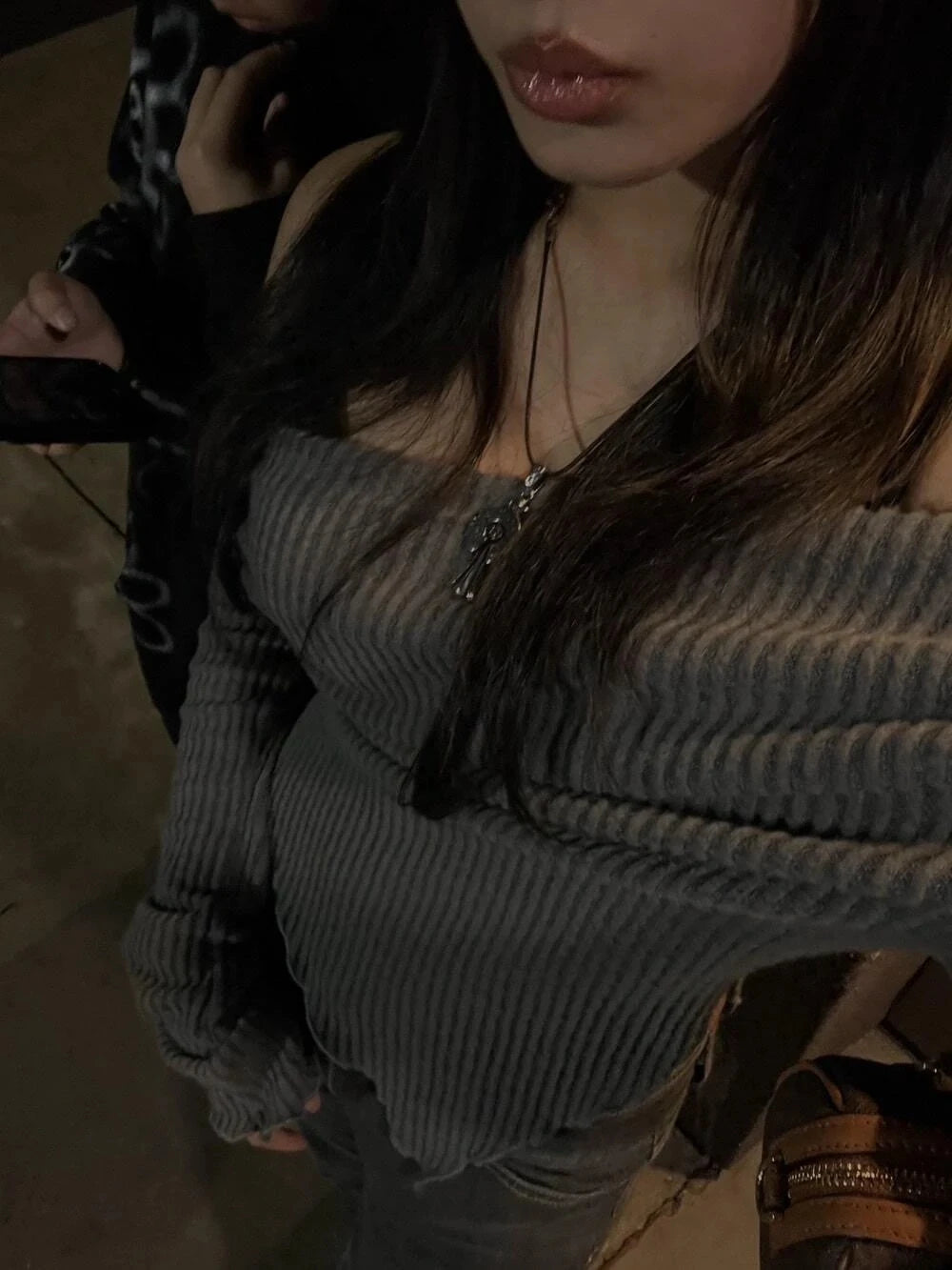 Women Solid Autumn Winter Grunge Asymmetrical Neck Rib-knit Tee Strapless Blouse Long Sleeve Casual Sweater Handkerchief Hem.