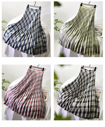 Looks Thin Pleated Skirt 2025 New High Waist A-line Skirt Mid-length Big Size Plaid Skirt Long Pleated Skirt Length 75-90cm