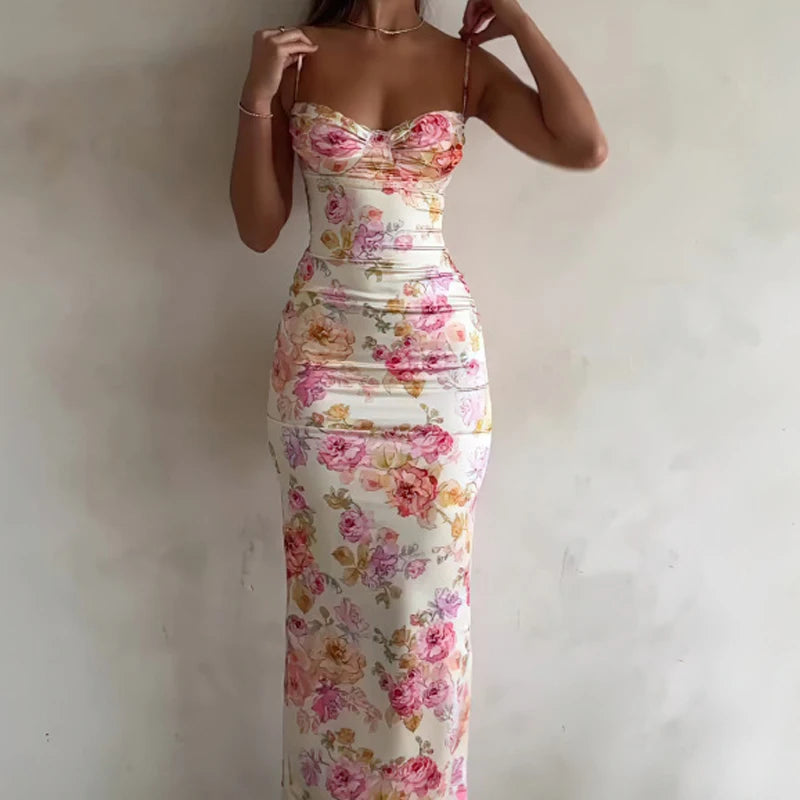 Damen-Kleid mit Blumendruck, Spaghettiträger, ärmellos, schmale Passform, Sommer, rückenfrei, langes Kleid für Party und Strand.