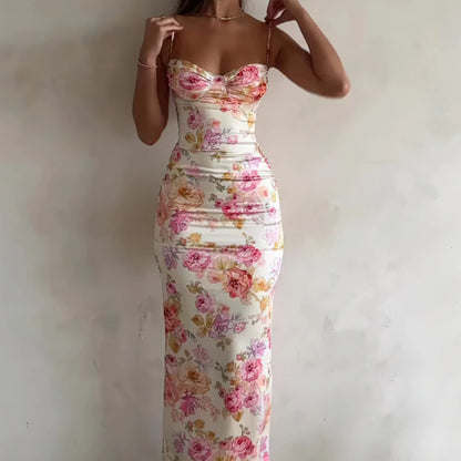 Damen-Kleid mit Blumendruck, Spaghettiträger, ärmellos, schmale Passform, Sommer, rückenfrei, langes Kleid für Party und Strand.