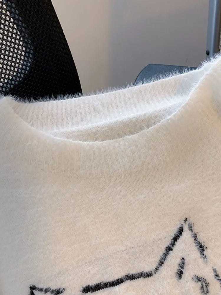 Vintage Preppy Kawaii Cartoon Jacquard Pullover Süße Harajuku Lose Grunge Pullover Y2k Ästhetische Frauen Weiße Gestrickte Pullover.