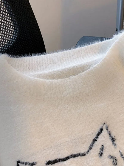 Vintage Preppy Kawaii Cartoon Jacquard Pullover Süße Harajuku Lose Grunge Pullover Y2k Ästhetische Frauen Weiße Gestrickte Pullover.