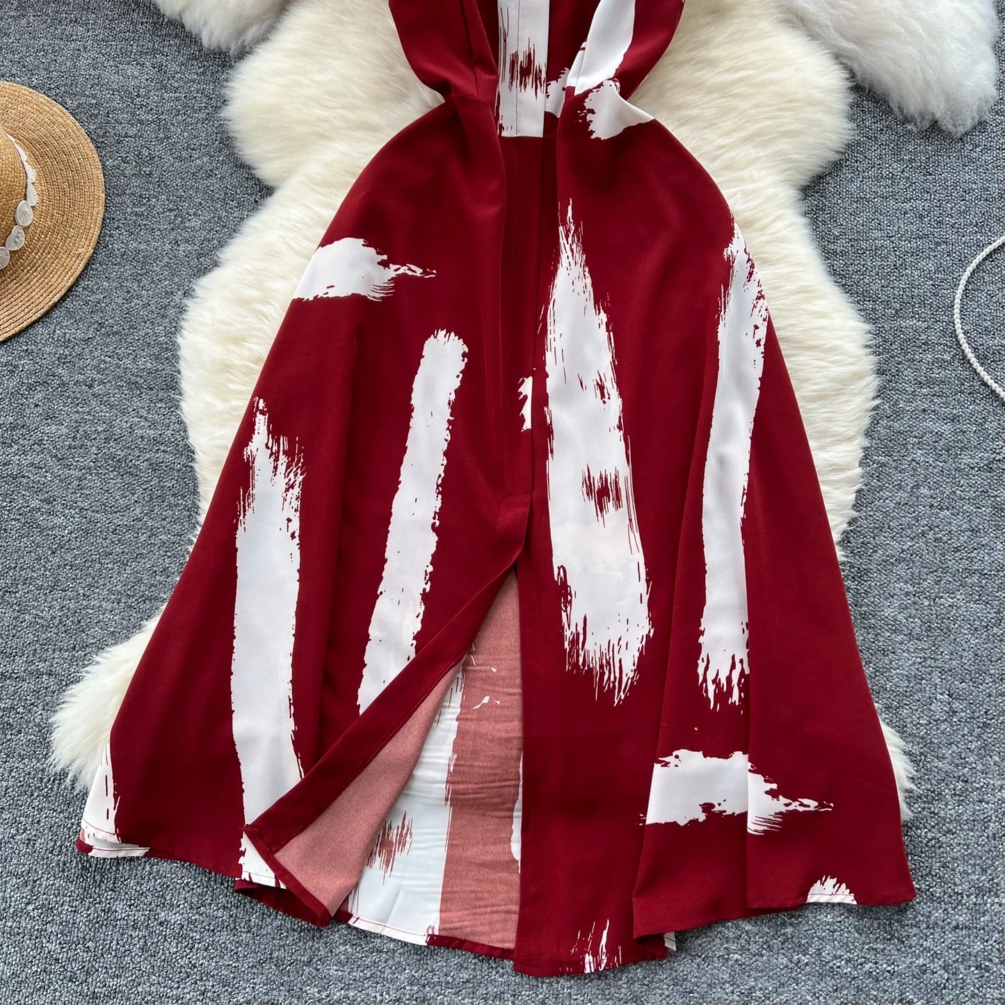 Neue Sommer Druck Süße Kleid Träger O Neck Backless Split Elegante Damen Urlaub Strand Party Midi Sommerkleid