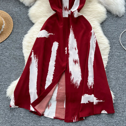 Neue Sommer Druck Süße Kleid Träger O Neck Backless Split Elegante Damen Urlaub Strand Party Midi Sommerkleid