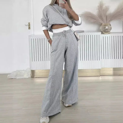 2024 Spring Autumn New Loose Sports Suit Women Long Sleeve Hooded Sweatshirt Drawstring High Waist Pocket Wide Leg Pants Suit.