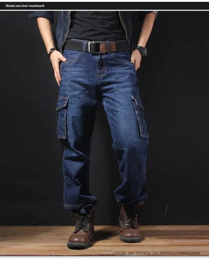Men's Autumn/Winter Multi-Pocket Straight-Leg Cargo Pants Loose Fit Plus Size Plus Beefy Jeans Casual Comfortable Denim Trousers.