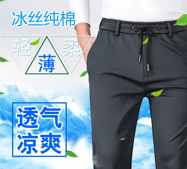 10XL Big Size Men's Summer Casual Pants Straight Fit Elastic Waist Trouser Male Classic Office Plus Large Stretch Zipper Pocket.