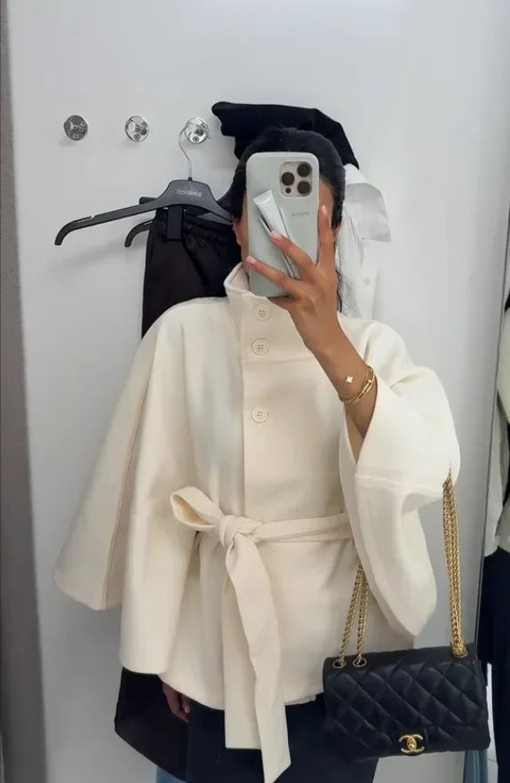 Damen-Jacke aus Wolle mit weißem Bund, elegant, langärmelig, Stehkragen, einreihig, Oberbekleidung, 2025, neuer Straßen-Outdoor-Mantel.
