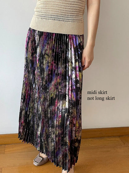 Polished Luster Lurex Midi Skirt Women's Shiny Metallic Luxury Pleated Skirt 2025 New In Boutique Clothing.