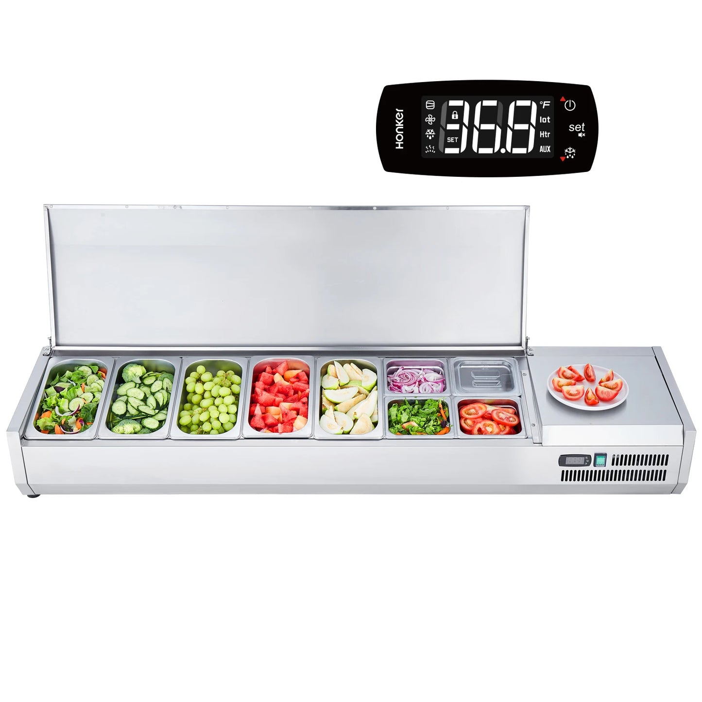 SucceBuy Refrigerated Condiment Prep Station 304 Stainless Body and PC Lid, Sandwich Prep Table with Stainless Guard.