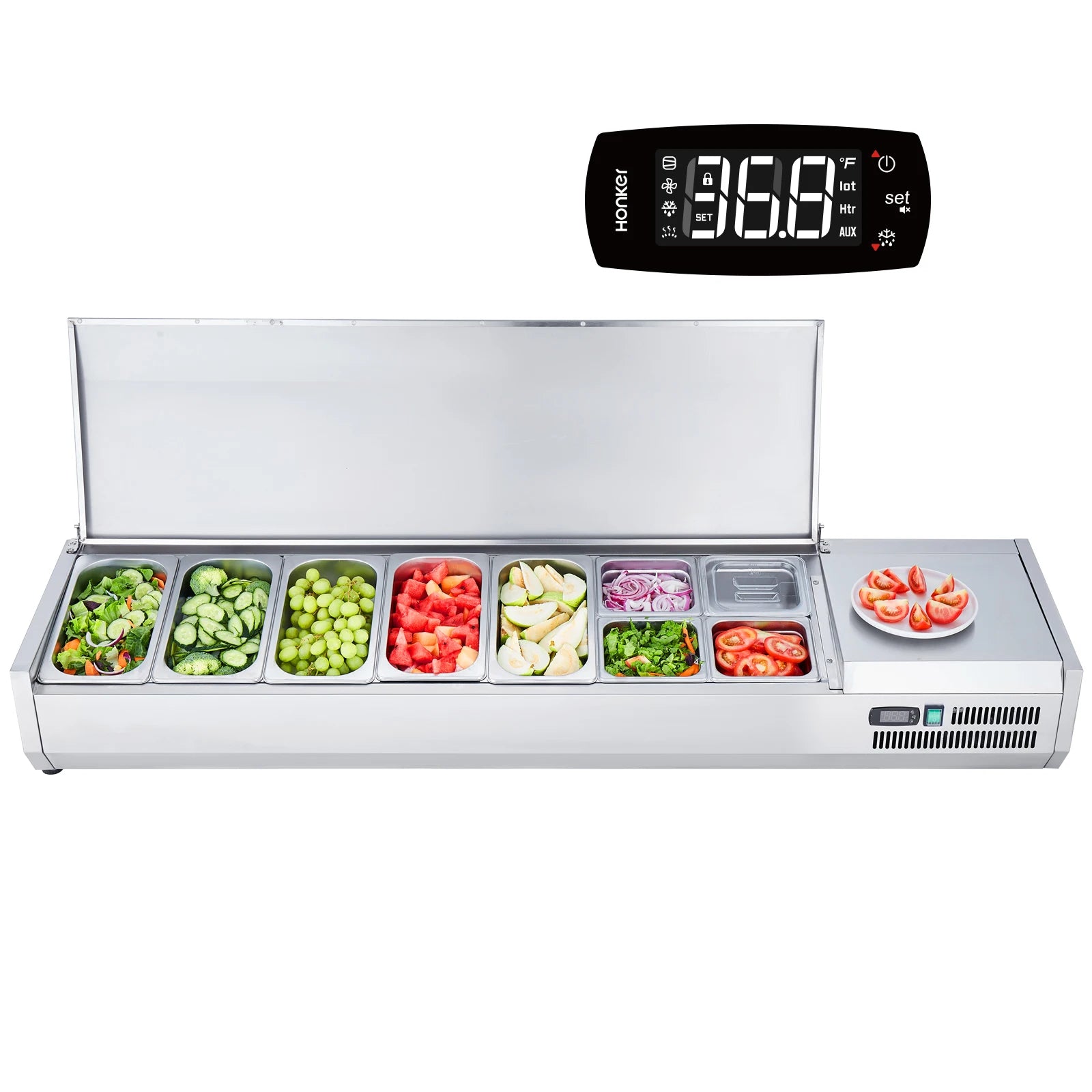 SucceBuy Refrigerated Condiment Prep Station 304 Stainless Body and PC Lid, Sandwich Prep Table with Stainless Guard.