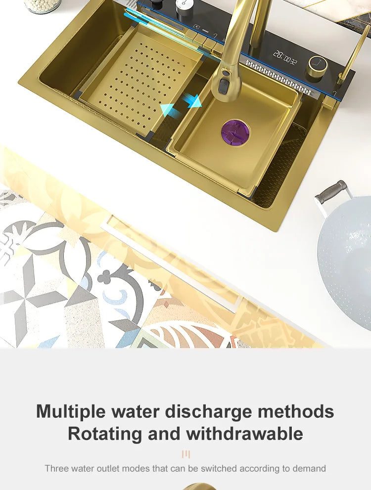 Golden Stainless Steel Waterfall Kitchen Sink Gold Embossed Extra Large Single Slot Digital Display Dishwashing Basin 100x50cm