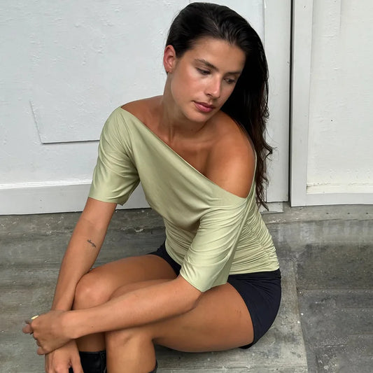 Cryptographic One Shoulder Ruched Asymmetrical Tops for Women Outfits Sexy Short Sleeve Casual Tops Slim T-shirts Summer Clothes.