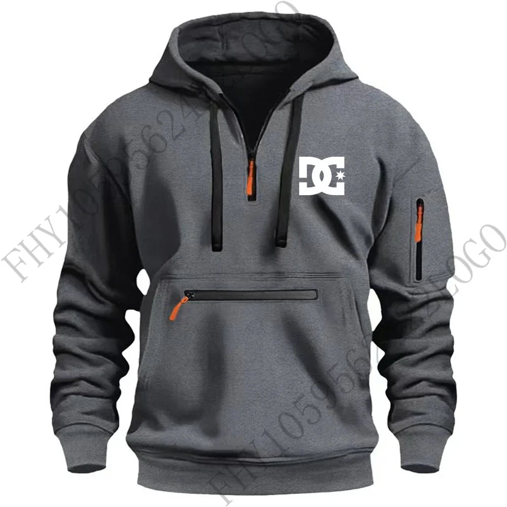 New men's hooded sportswear for autumn and winter 2025, long-sleeved multi-zipper pocket outdoor fishing casual pullover.