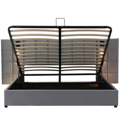 Polsterbett, hydraulisches Bett mit Stauraum, verstellbarem Licht und USB-Aufladung, breites Schaumstoffkopfteil, 180 x 200 cm, Grau
