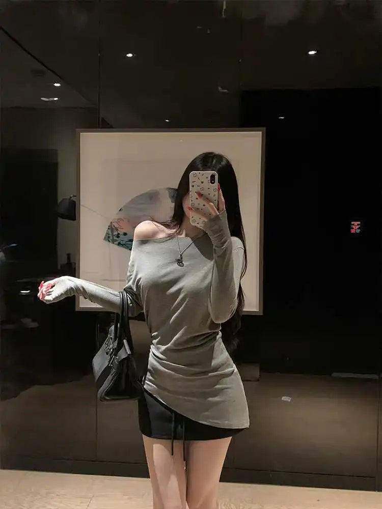 Sexy Long Sleeve T-Shirt Shoulder Bared Waist Cinched Slim Fit Knitted Cotton Solid Color Casual Urban Style for Early Autumn