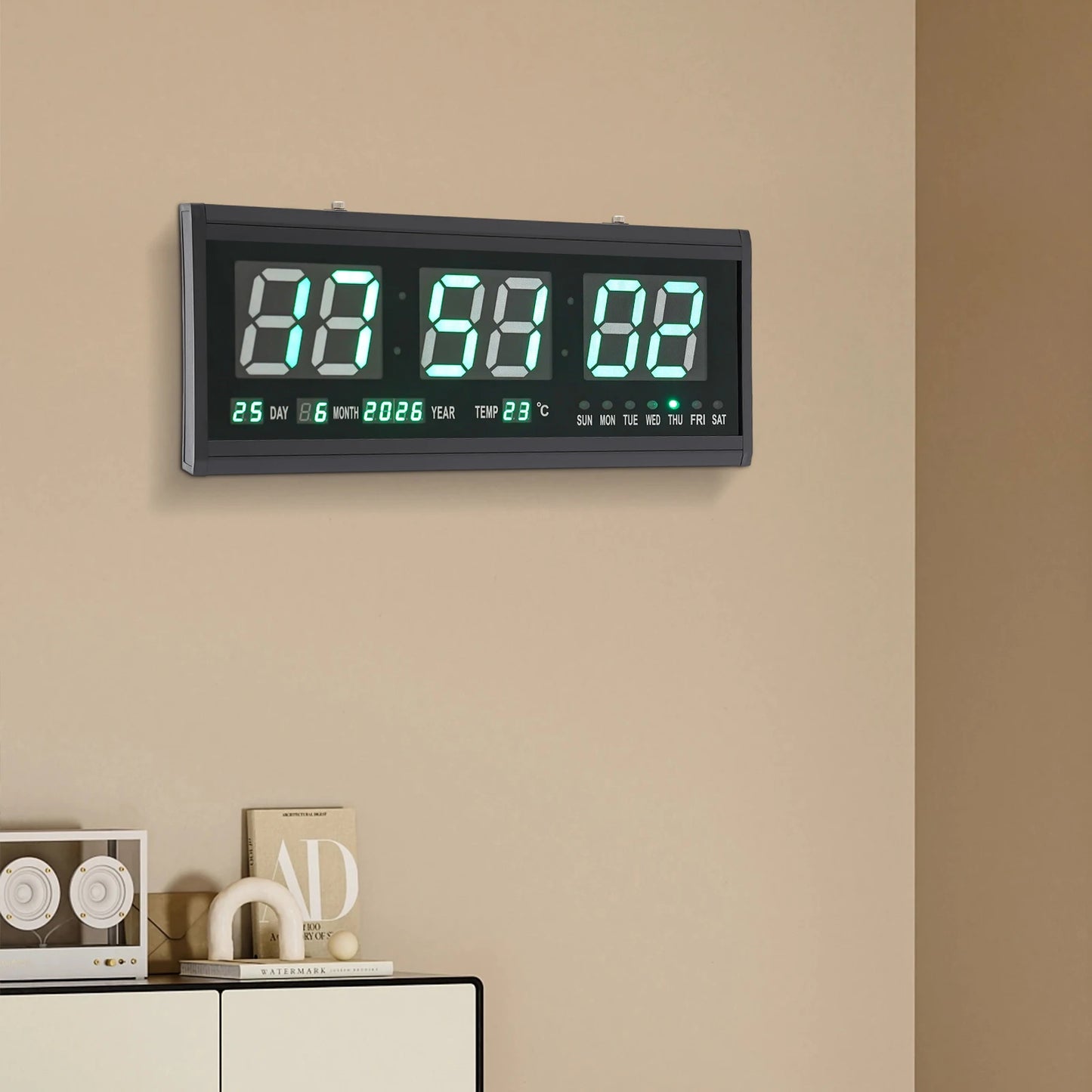 220 V große LED-Digital-Wanduhr, Zeit, Temperatur, Datum, Woche, Anzeige, automatischer Dimmer, leuchtende, leise Tischuhr, Wanduhr, 48 x 19 cm
